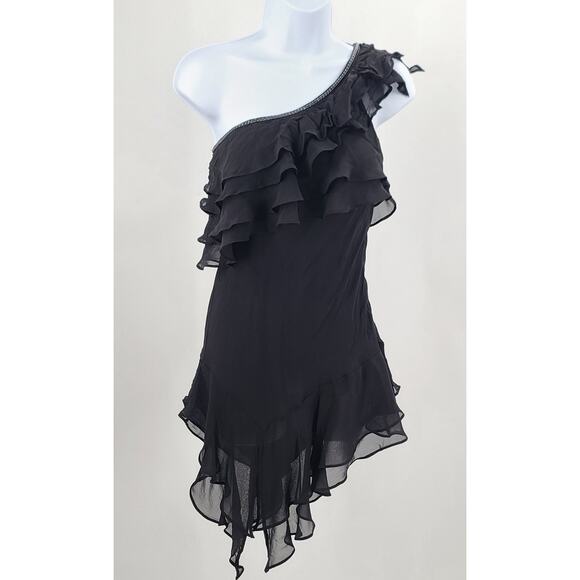 Orna Faro Vintage Y2K women's black silk ruffle tiers one shoulder dress Sz 40 - Picture 1 of 8